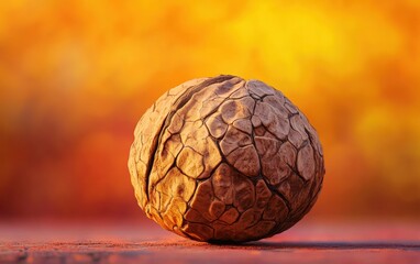 Single walnut macro shot with textured shell in sharp focus against blurred bokeh background.