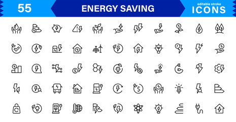 Energy Saving Icon Collection with Eco, Renewable, Power, Green Technology, and Sustainability Symbols in Simple, Download-Ready Design