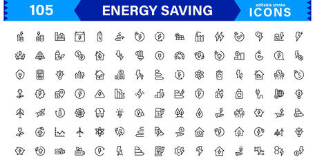 Energy Saving Icon Collection with Eco, Renewable, Power, Green Technology, and Sustainability Symbols in Simple, Download-Ready Design