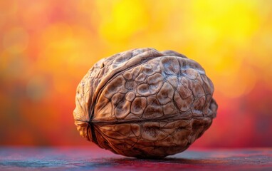 Single walnut macro shot with textured shell in sharp focus against blurred bokeh background.