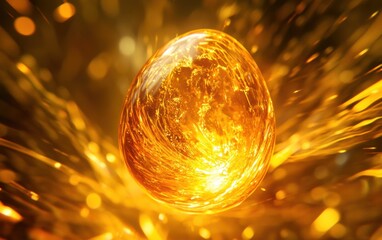 Glowing egg with radiant golden energy lines on abstract background with bokeh.