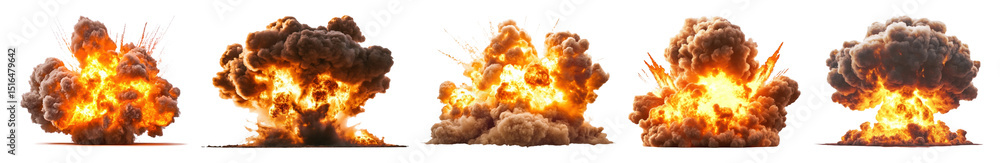 Wall mural png explosive fiery clouds sequence, element set on transparent background