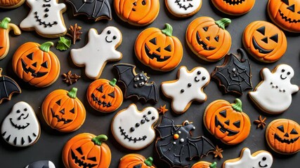 Smiling pumpkin and ghost cookies, along with cute bats, creating a festive halloween pattern on a dark background. - Powered by Adobe