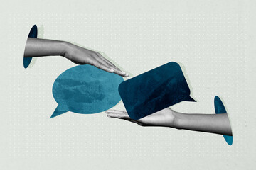 Collage of hands person people using speech bubbles representing chatting online messaging social media communication