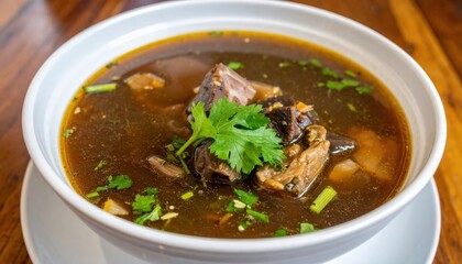 Bowl Of Rich Dark Brown Soup With Pork And Vegetables