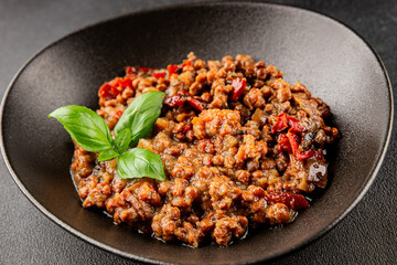 Lentil dish vegetables and roasted peppers savory vegetable fresh vegetarian and vegan food gourmet food background on the table rustic food top view copy space keto and paleo diet