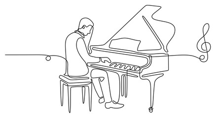 piano and music notes, pianist in lineart style.