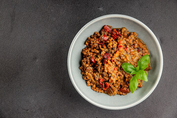 Lentil dish vegetables and roasted peppers savory vegetable fresh vegetarian and vegan food gourmet food background on the table rustic food top view copy space keto and paleo diet