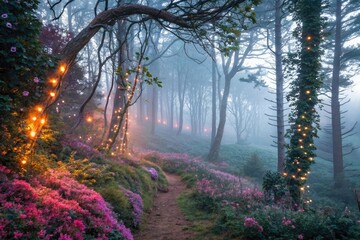 Obraz premium Magical Forest Path with Glowing Lights and Blooming Flowers in Misty Twilight Background