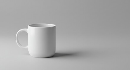 Obraz premium A simple, clean white mug sits on a light gray background, slightly angled to the left, casting a subtle shadow