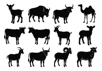 Qurbani and Farm Animal Silhouettes  Full Body Vector Set, farm animals collection vector
