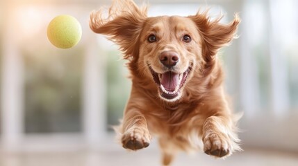 A joyful golden retriever leaps into the air to catch a bright green tennis ball, embodying the playful spirit and energy of happy pets in a lively indoor setting.
