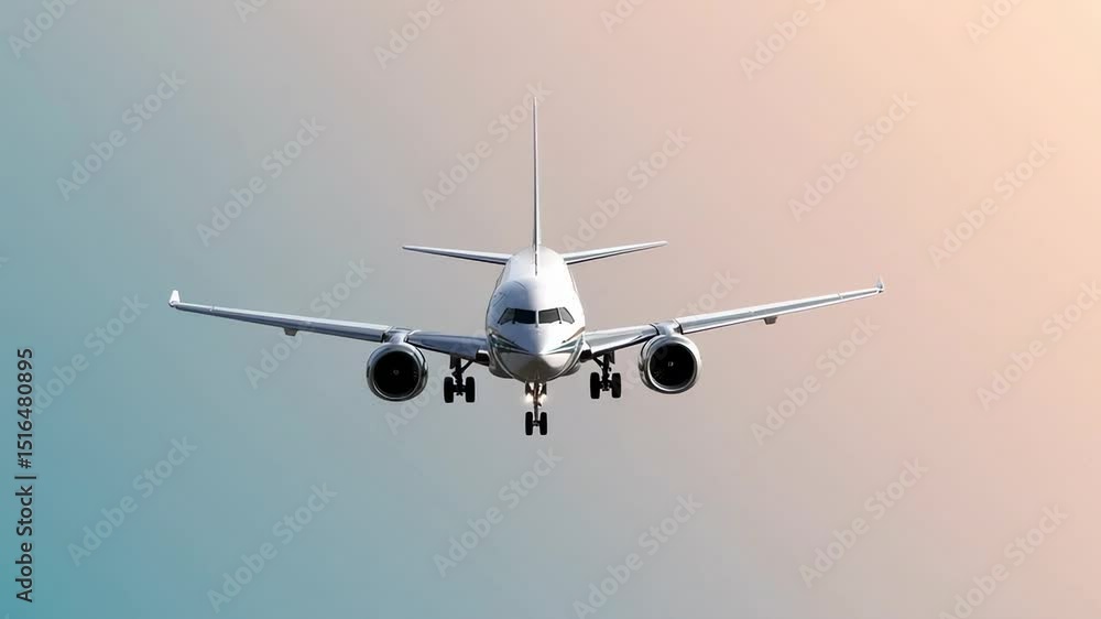 Aufkleber Passenger airplane approaching runway, descending against changing gradient background with smooth gliding motion and clean isolated white environment