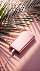 Pink Portable Charger Mockup with Sunlight and Palm Leaf
