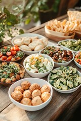 Assorted vegetarian desserts displayed in white bowls arranged on a wooden table outdoor on a sunny day