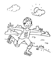 Kid Riding Roller Skates in City Park for Outdoors Activity, Sport Recreation or Weekend Leisure in Flat Cartoon Hand Drawn