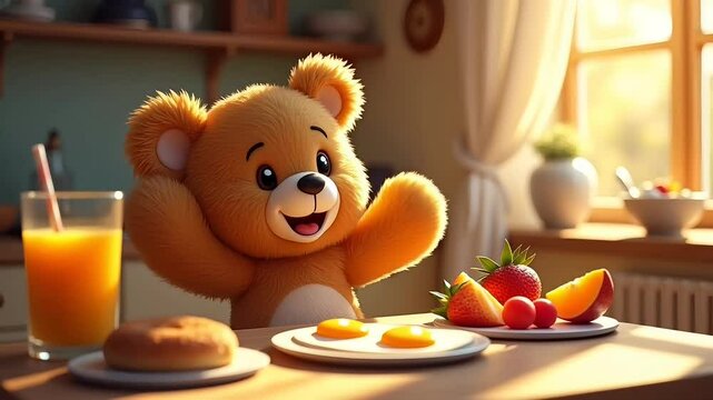 Happy cartoon bear enjoying breakfast with fruits
