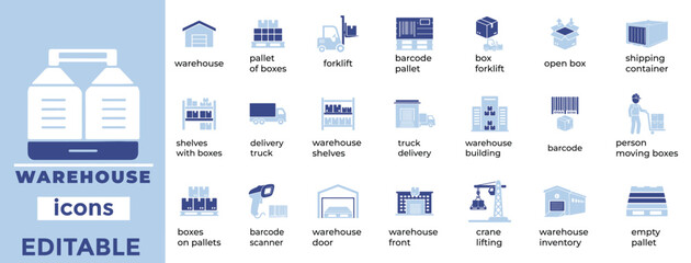 Editable warehouse icons ideal for logistics, storage, shipping, and inventory visuals. Clean, modern, industry-ready design.