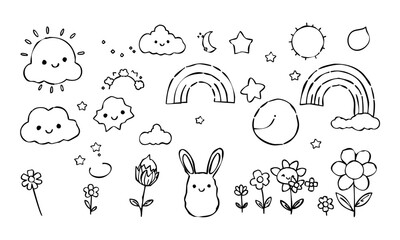 Line Art Fantasy Sky for Coloring Pages – Fantasy sky doodle with elements like planets, crescent moon, stars, and rainbow. Ready to use for coloring pages or printable.