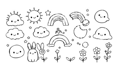 Happy Garden and Weather Characters – Cheerful flower characters, cute bunnies, and weather elements in black and white doodle style. Perfect for kids’ educational designs.
