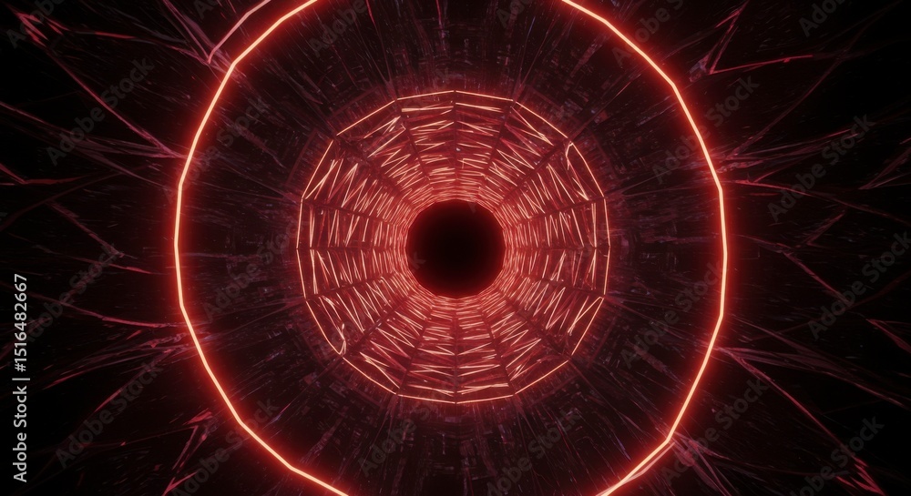 Poster glowing red tunnel with a circular outer outline against a dark, textured background
