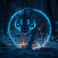 Fototapeta premium Tiger walking through a blue energy circle