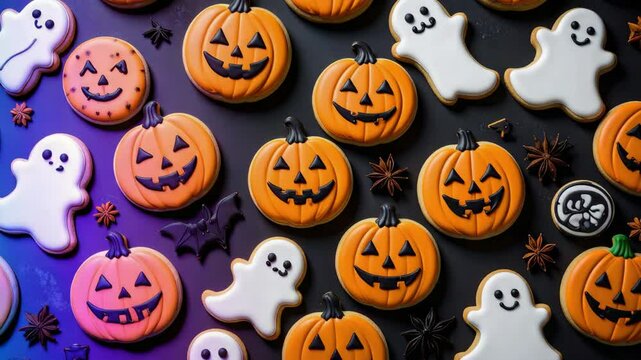 Halloween themed sugar cookies featuring smiling pumpkin and ghost shapes arranged symmetrically against dark backdrop.