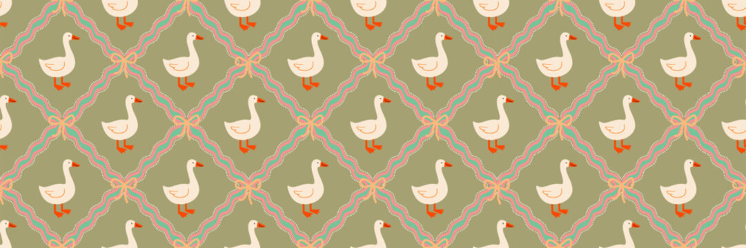 Fototapeta Seamless vector pattern with cute goose and pastel ribbon bows. Perfect for baby textile, nursery wallpaper, wrapping paper, children’s decor, and whimsical surface design