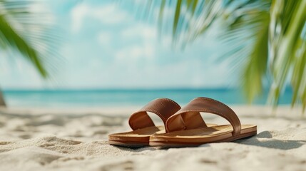 A pair of brown sandals resting on warm sand under a bright sky, evoking feelings of relaxation, vacation, and freedom at a tropical beach paradise.