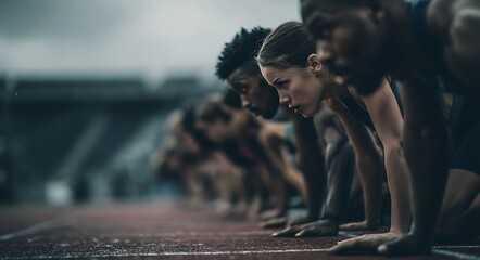 Runners primed for takeoff at sprint start.
