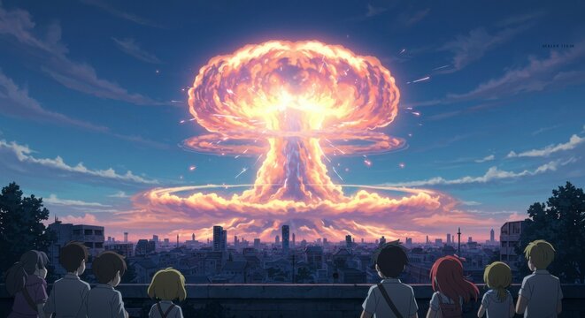 A stylized cityscape witnesses a massive nuclear explosion, a group of children observe from afar, their expressions a mix of awe and apprehension