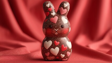 Trendy Valentineâ€™s and Easter fusion, chocolate bunny with hearts, bold red backdrop, sweet holiday concept