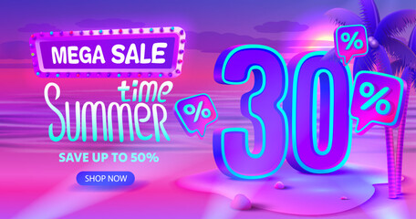 Summer time, sale offer 30 percentage, flyer party on the beach. Vector illustration