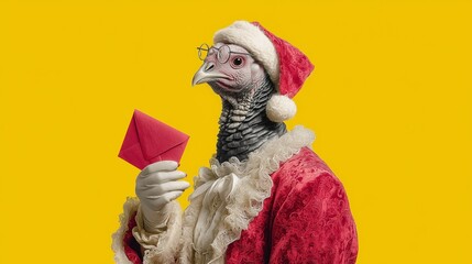 Turkey dressed as Santa Claus handing out Valentine cards, identity crisis, neon yellow background