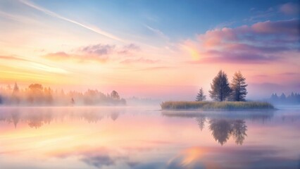 Fototapeta premium Serene Dawn Misty Lake Reflecting Pastel Sky and Silhouetted Trees on a Small Island