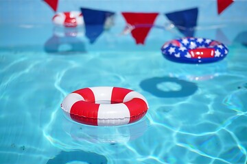 Naklejka premium Patriotic Pool Party With Red White And Blue Decorations And Floats