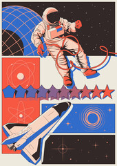 Abstract Space Poster. Space Shuttle, Astronaut in Outer Space, Globe, Galaxy, Stars. Geometric Shapes, 1980s Colors