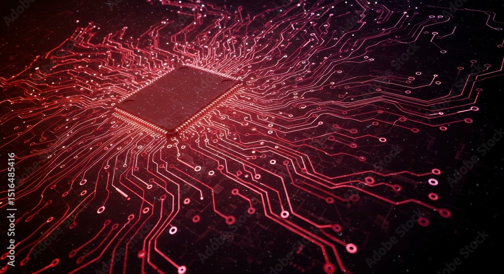 Aufkleber red illuminated central processing unit with intricate circuitry design