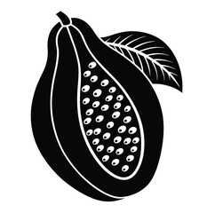 Black and white silhouette of papaya vegetable icon silhouette with leaf isolated on transparent background