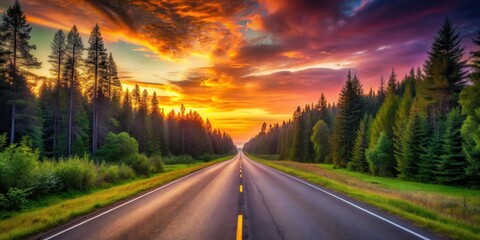 Asphalt road disappearing into a vibrant sunset framed by a lush evergreen forest