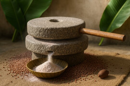 Ragi grain grinding with twin-stone mill and palm leaf bowl collecting fresh flour on jute mat with tropical leaves

