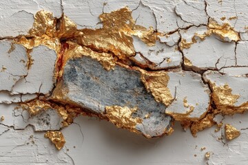 Cracked wall surface revealing textured stone and gold leaf accents, showcasing a blend of natural and artistic elements in a distressed aesthetic with rich visual appeal