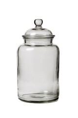 A clear glass apothecary jar with a lid, perfect for home decor and storage.
