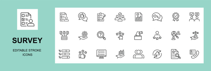 Survey icon set. Containing feedback, opinion, questionnaire, poll, research, data collection, review and satisfaction icons, Solid icon collection, Editable stroke, Vector illustration.