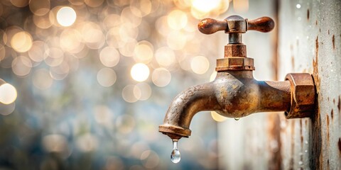 A Rusty Faucet with a Single Drop of Water Against a Sparkling Background