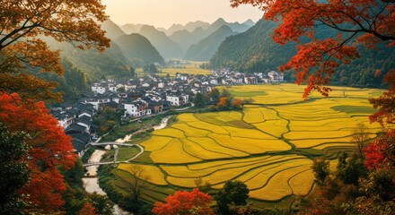 Scenic autumn valley with golden fields, town, river, hills and colorful trees