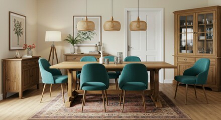 Elegant dining room with wooden table, teal chairs, and a large rug.  Warm lighting complements the oak furniture and botanical art