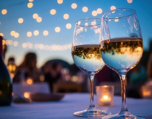 Close-up of wine glasses on an outdoor table at an evening party, with people and string lights in the background under a blue sky. Festive, social gathering atmosphere.