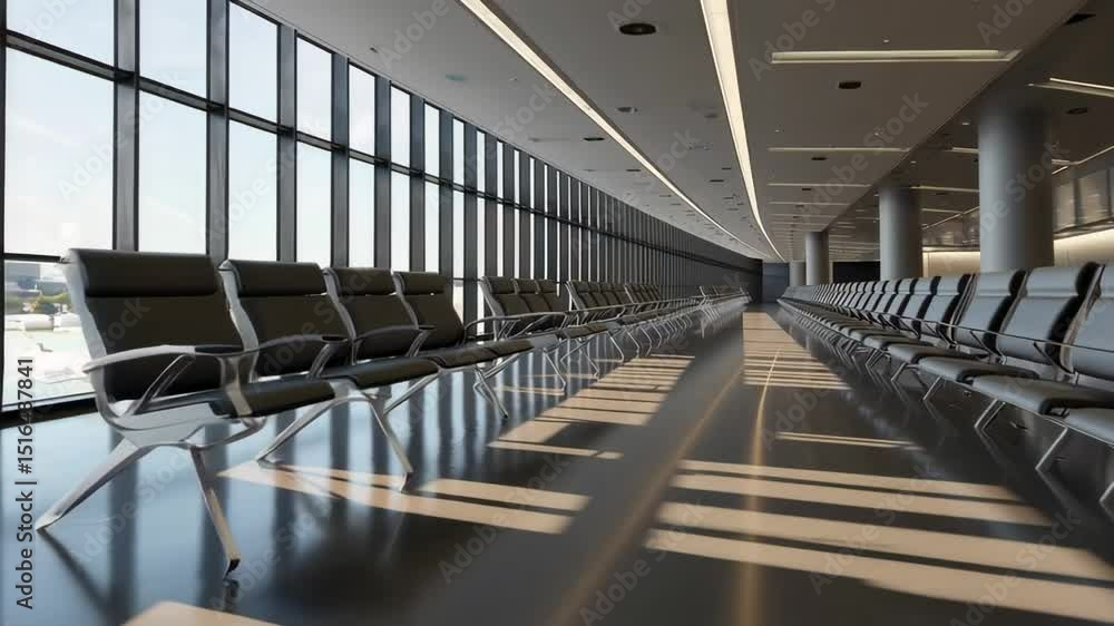 Aufkleber Sunlight streams through large windows in an empty airport waiting area, illuminating rows of unoccupied black leather seats with metal frames