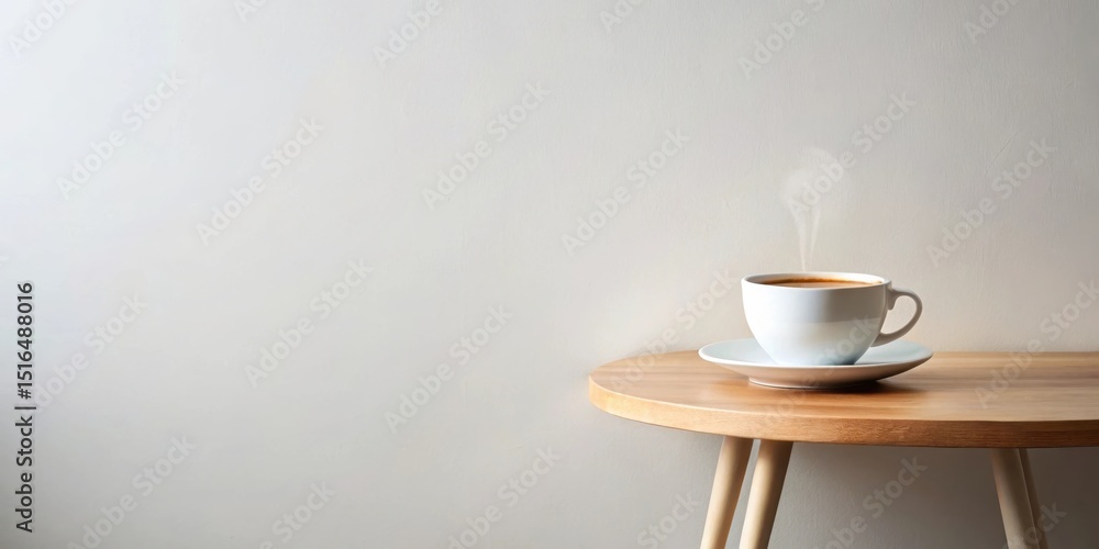 Poster A steaming cup of coffee rests on a minimalist side table against a neutral backdrop